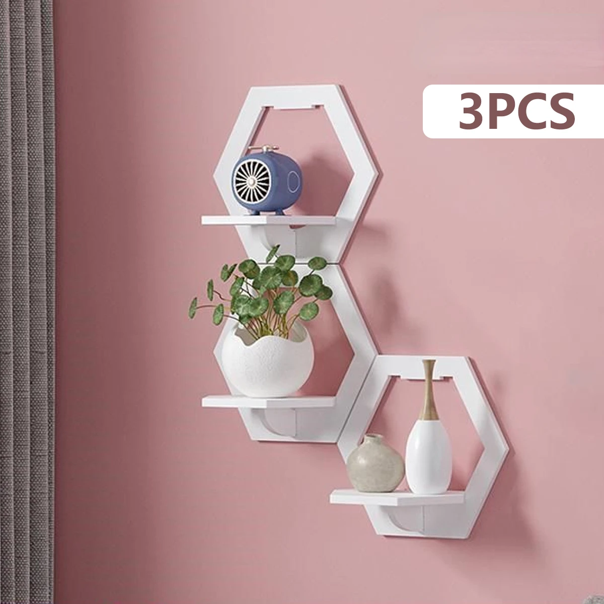 Home Bar Shelf - 3 ชิ้นหกเหลี่ยมชั้นวาง Punch ฟรีข้างเตียงขาตั้งจอแสดงผลติดผนังผู้ถือหม้อดอกไม้พื้นหลังทีวีตกแต่งบ้าน