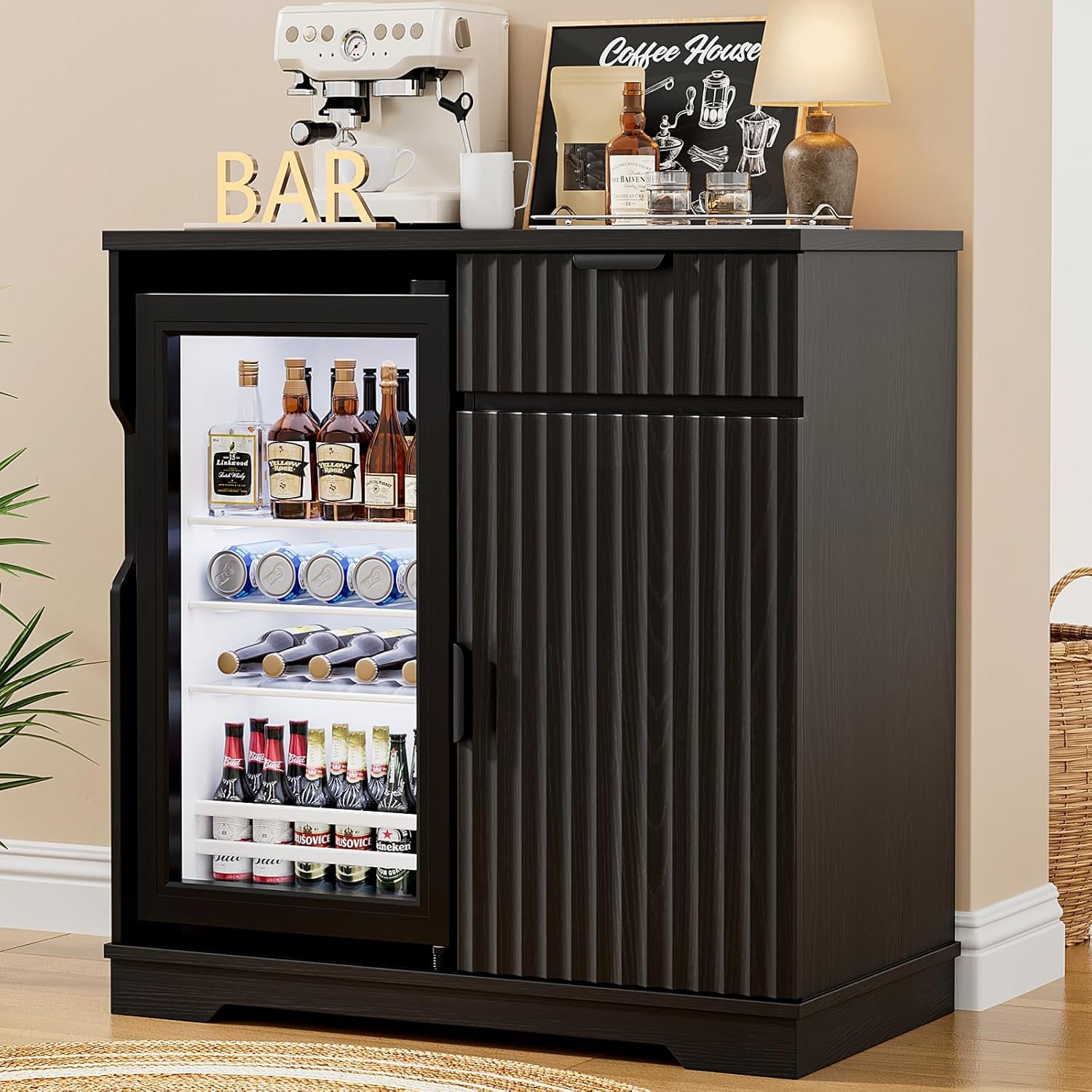 Home Bar And Fridge - ตู้บาร์กาแฟแบบมีร่องพร้อมตู้เย็นขนาดเล็กแบบดึงออกได้ 31.5 นิ้ว สำหรับเก็บไวน์และเครื่องดื่มแอลกอฮอล์ สำหรับใช้ในบ้าน ห้องครัว