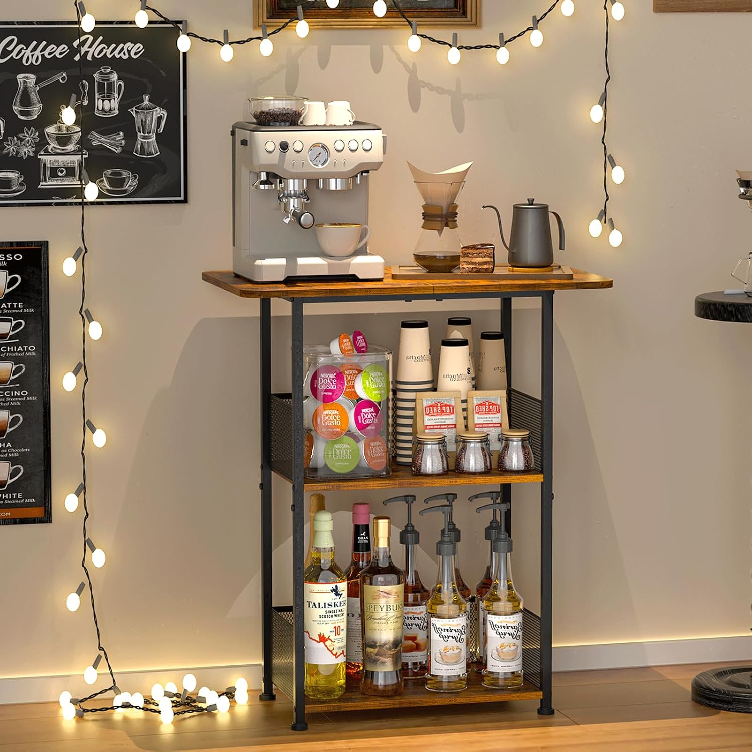 Home Bar Setup - ชั้นวางกาแฟแบบตั้งพื้นขนาดเล็ก, โต๊ะกาแฟ 3 ชั้น, ตู้เก็บของมุมสไตล์ฟาร์มเฮาส์สำหรับบาร์กาแฟ; ห้องรับประทานอาหาร,