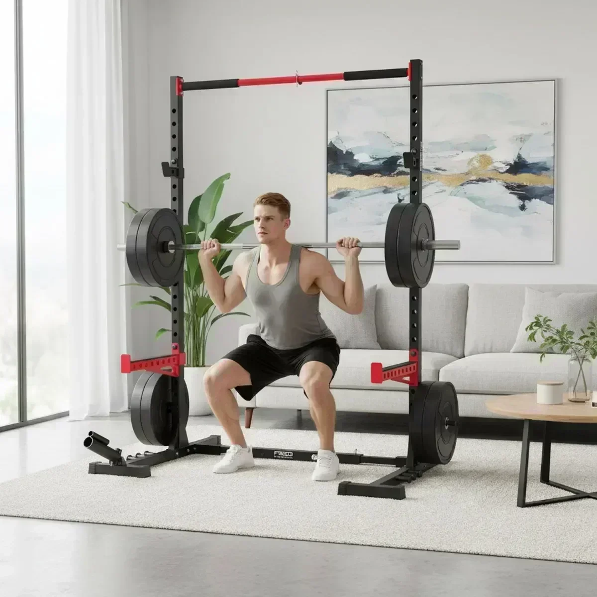 Home Bar And Gym - แร็คสควอทปรับระดับได้สำหรับยิมที่บ้าน พร้อมบาร์ดึงข้อ โครงเหล็กแข็งแรงสำหรับฝึกยกน้ำหนัก