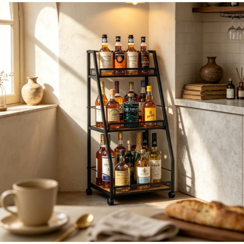 Home Bar Shelf - ชั้นวางไวน์แบบบันได 3 ชั้น ตั้งพื้นอิสระสำหรับบาร์ในบ้าน - ที่วางขวดอเนกประสงค์ประหยัดพื้นที่สำหรับขวดหลากหลายรูปทรง