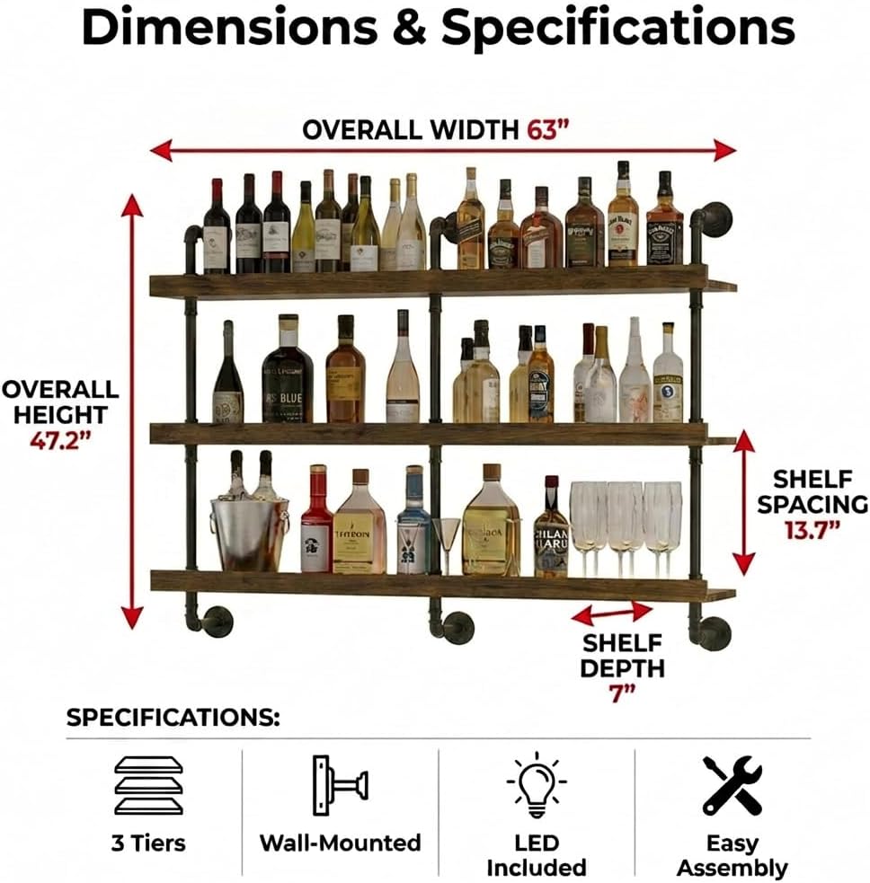ชั้นวางไวน์ติดผนังพร้อมไฟ LED  - Home Bar Shelf บทวิจารณ์และราคา